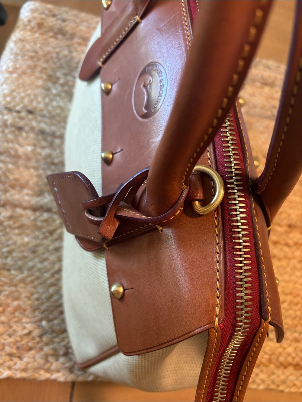Dooney & Bourke Brown Leather & Cream Canvas Satchel with Adjustable Strap - Picture 9 of 11